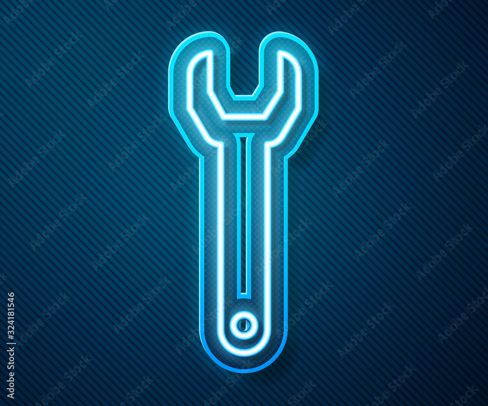 Glowing neon line Wrench spanner icon isolated on blue background. Vector Illustration