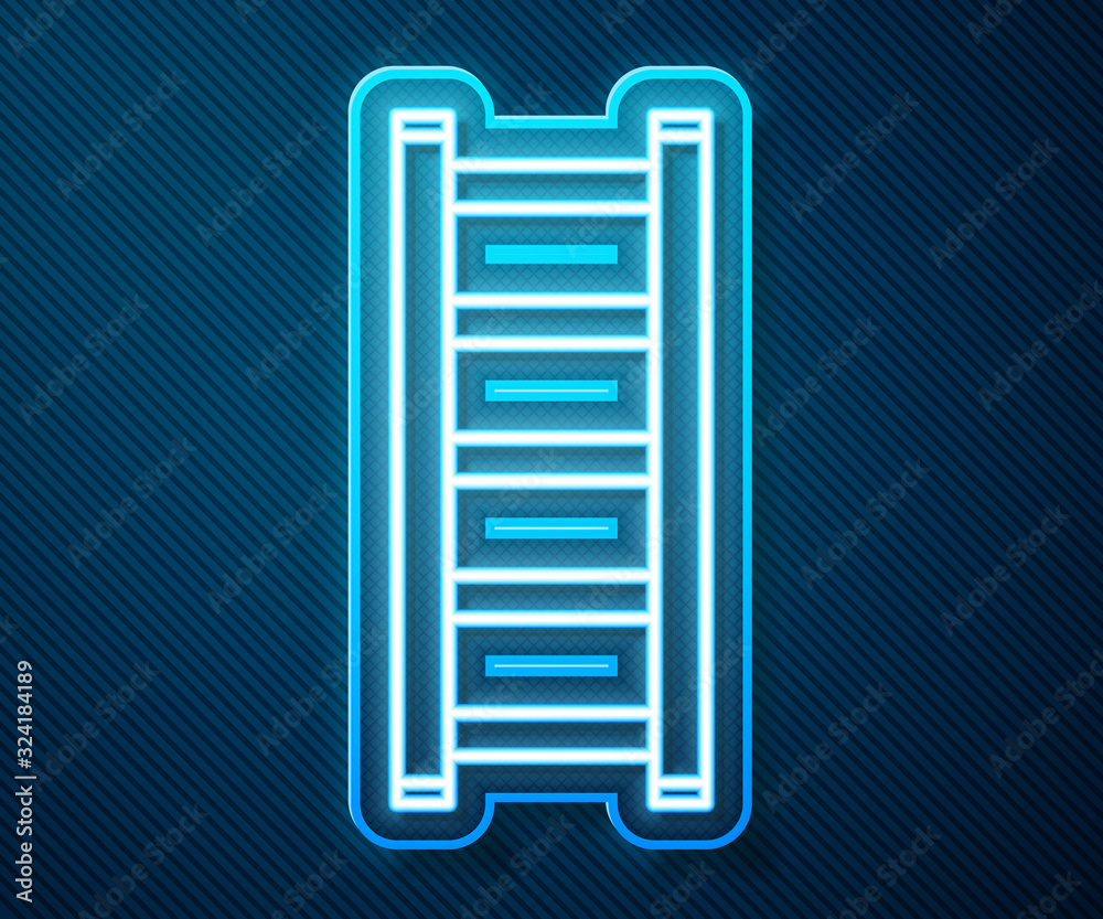 Glowing neon line Fire escape icon isolated on blue background. Pompier ladder. Fireman scaling ladd