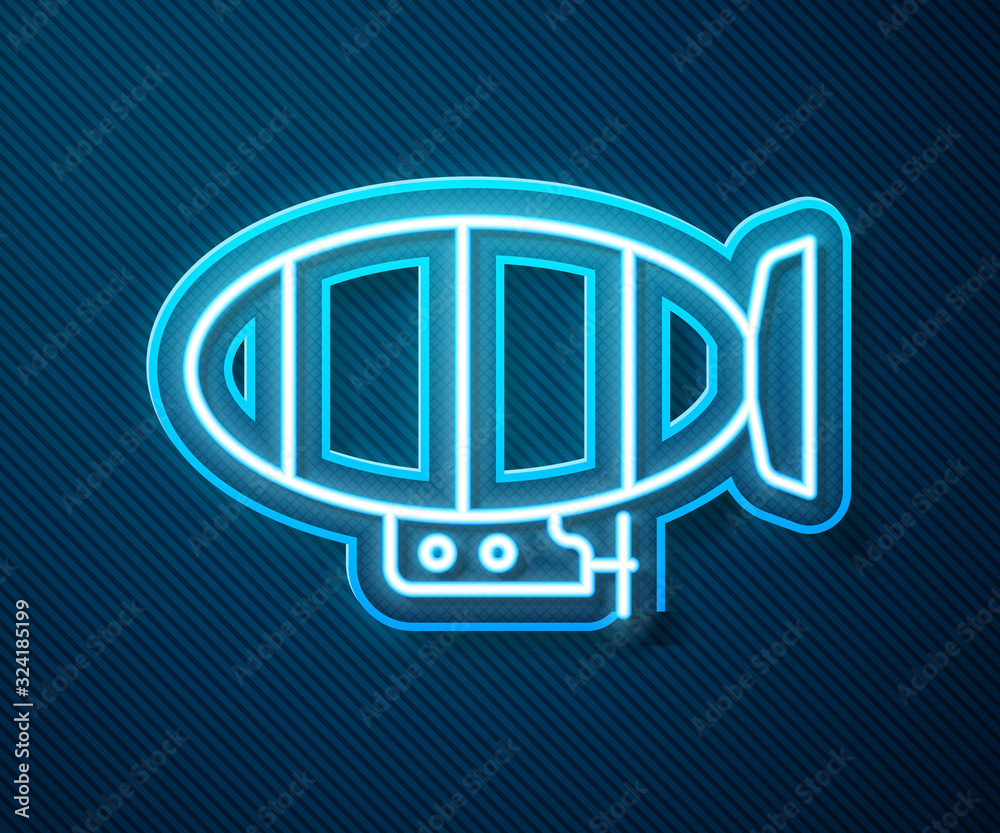 Glowing neon line Airship icon isolated on blue background. Vector Illustration