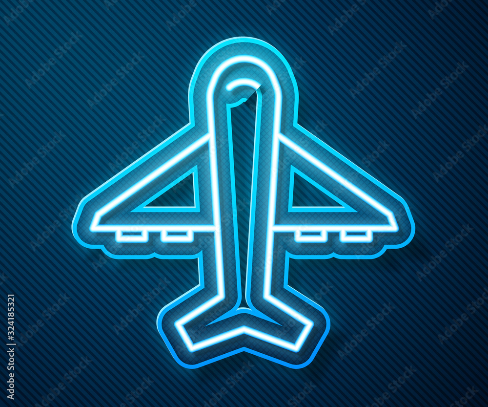 Glowing neon line Plane icon isolated on blue background. Flying airplane icon. Airliner sign. Vecto