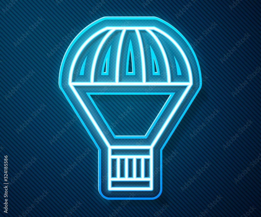 Glowing neon line Box flying on parachute icon isolated on blue background. Parcel with parachute fo