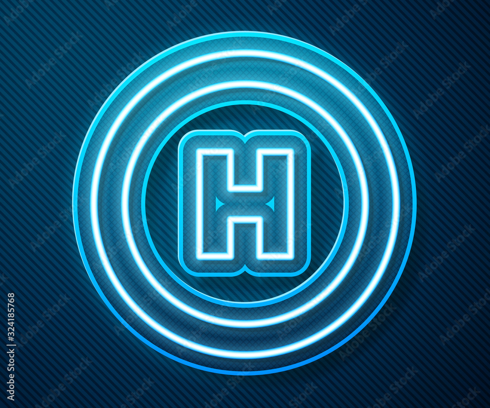 Glowing neon line Helicopter landing pad icon isolated on blue background. Helipad, area, platform, 