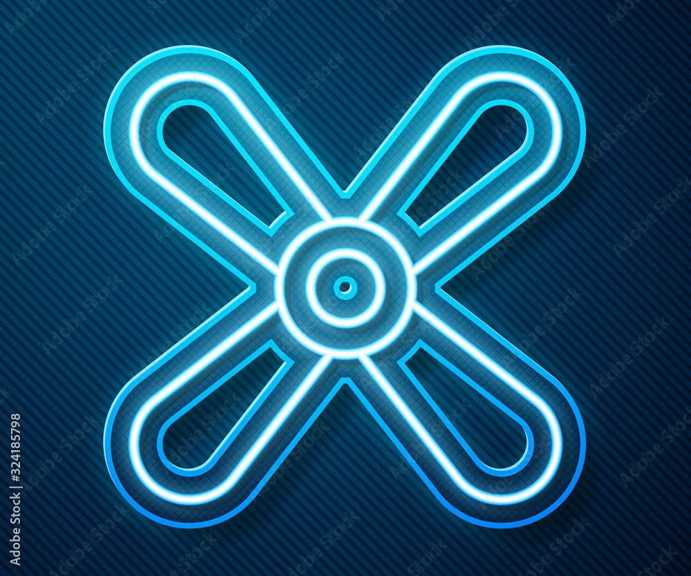 Glowing neon line Plane propeller icon isolated on blue background. Vintage aircraft propeller. Vect