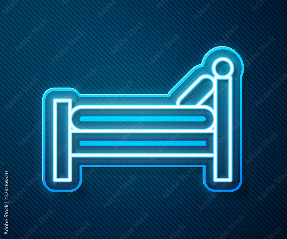 Glowing neon line Bed icon isolated on blue background. Vector Illustration