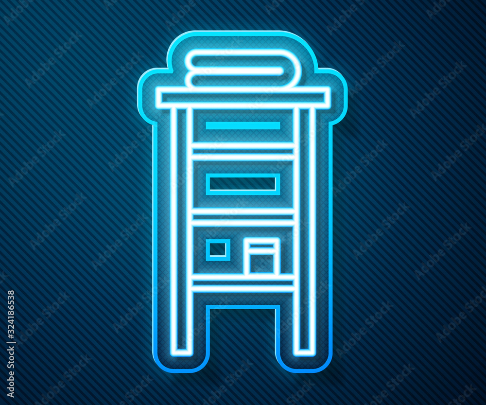 Glowing neon line Bathroom rack with shelves for towels icon isolated on blue background. Furniture 