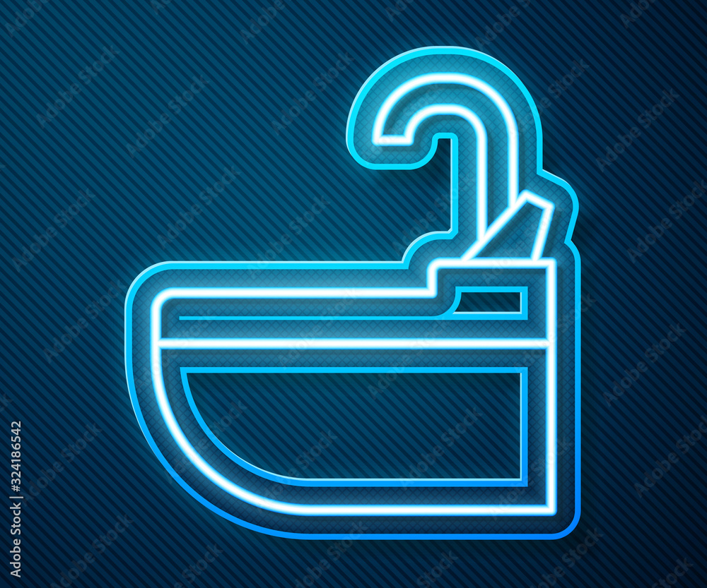 Glowing neon line Washbasin with water tap icon isolated on blue background. Vector Illustration