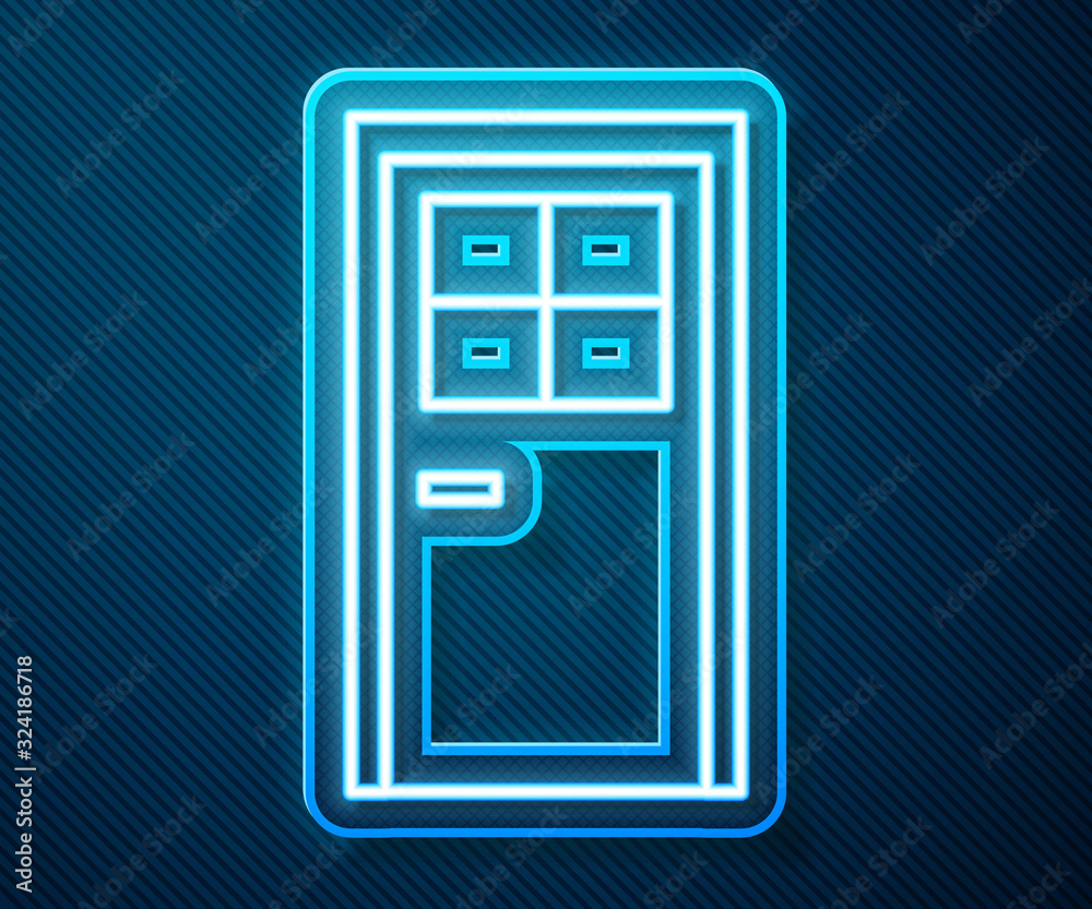 Glowing neon line Closed door icon isolated on blue background. Vector Illustration