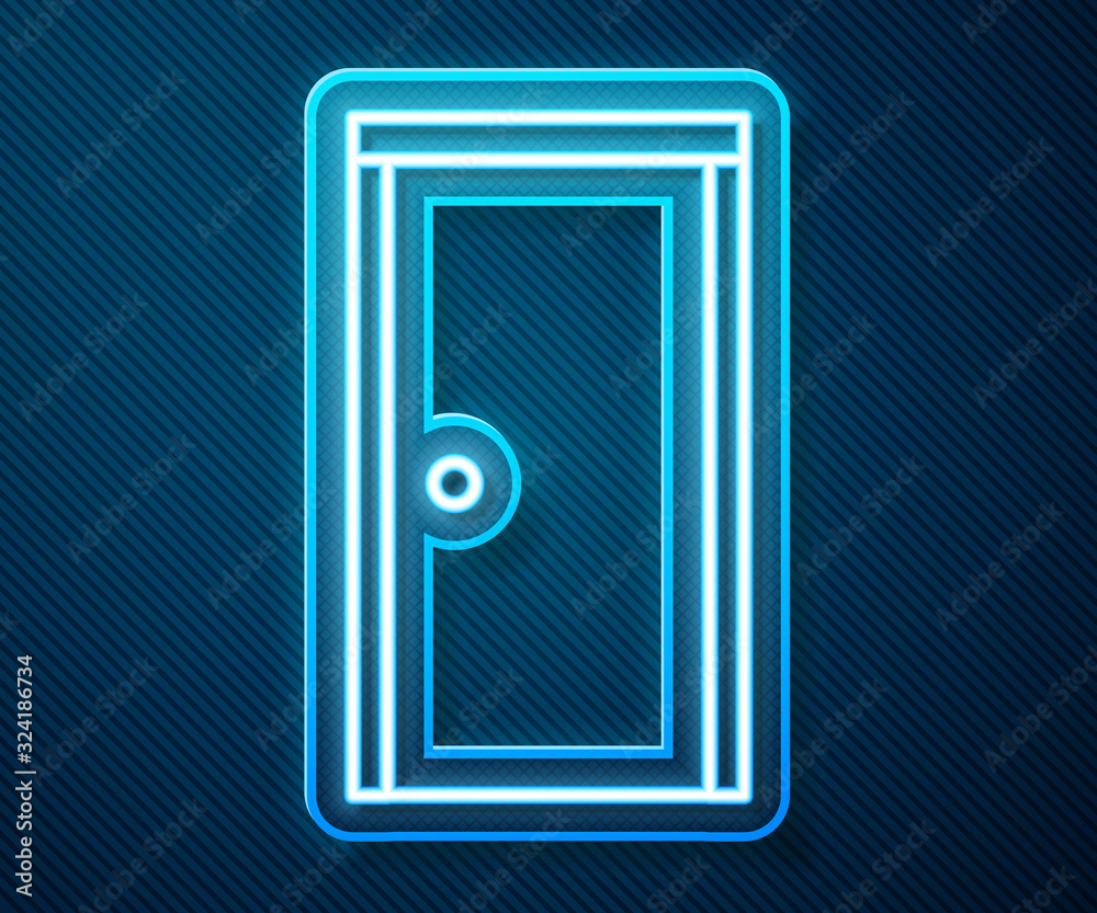 Glowing neon line Closed door icon isolated on blue background. Vector Illustration