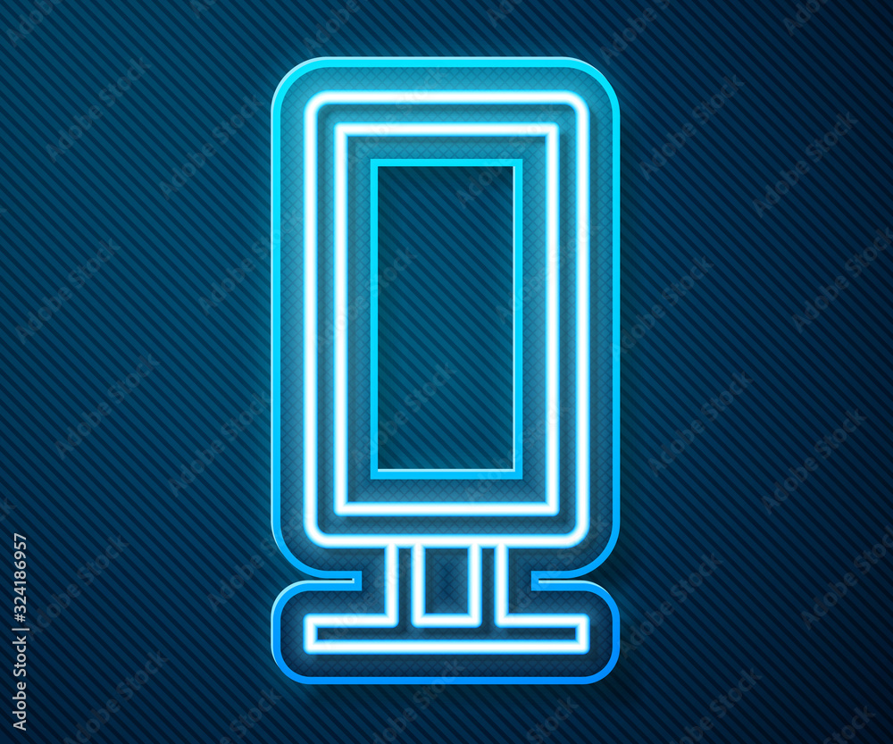 Glowing neon line Big full length mirror for bedroom, shops, backstage icon isolated on blue backgro