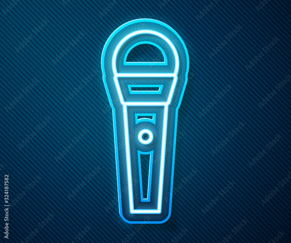 Glowing neon line Karaoke icon isolated on blue background. Microphone and monitor. Vector Illustrat