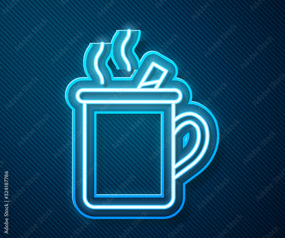 Glowing neon line Mulled wine with glass of drink and ingredients icon isolated on blue background. 