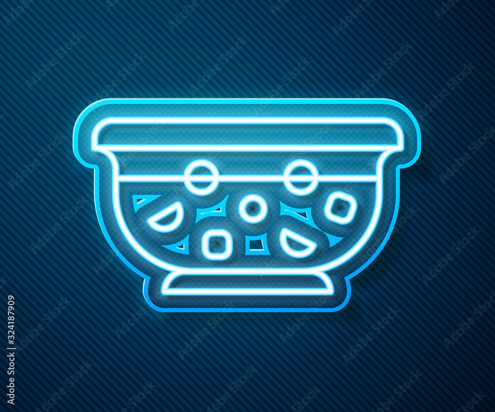 Glowing neon line Mixed punch with fresh fruits in bowl icon isolated on blue background. Vector Ill