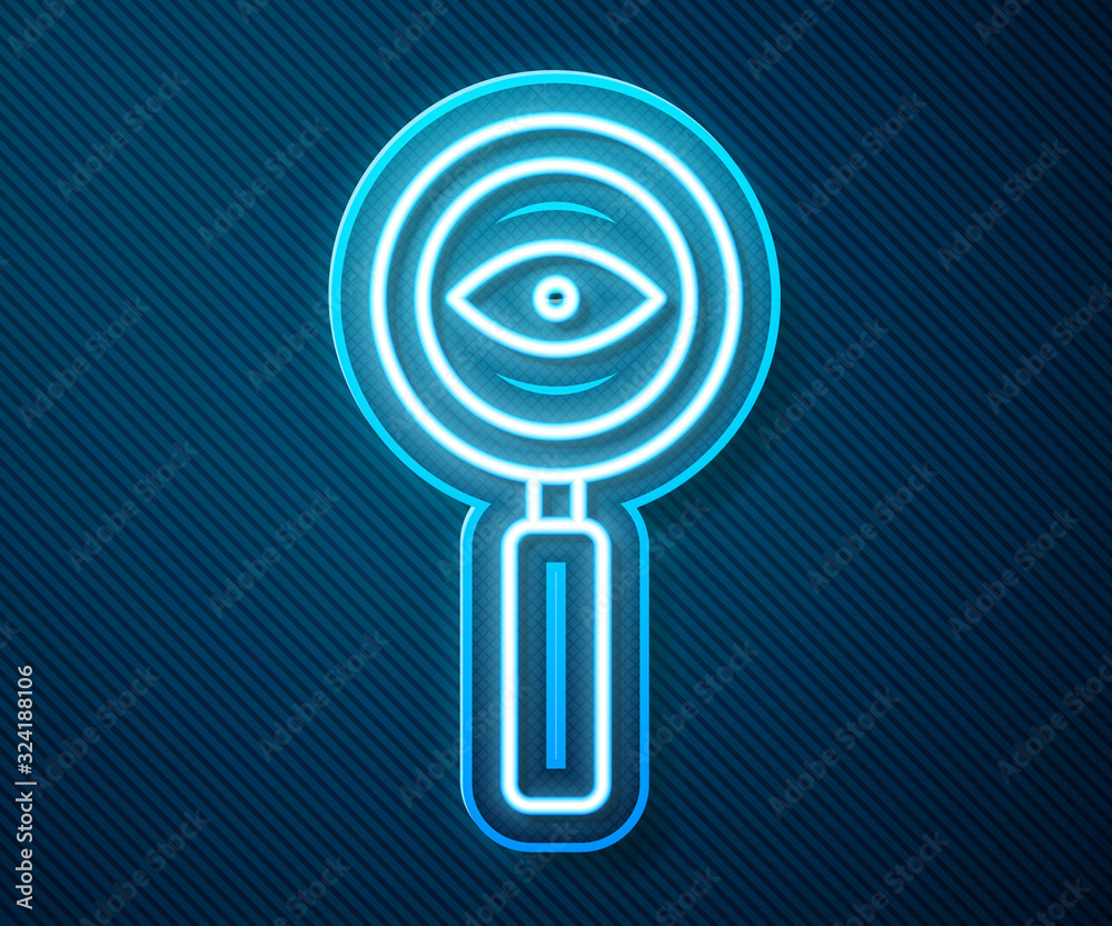 Glowing neon line Magnifying glass icon isolated on blue background. Search, focus, zoom, business s