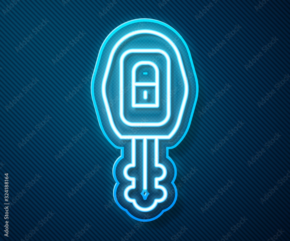 Glowing neon line Car key with remote icon isolated on blue background. Car key and alarm system. Ve