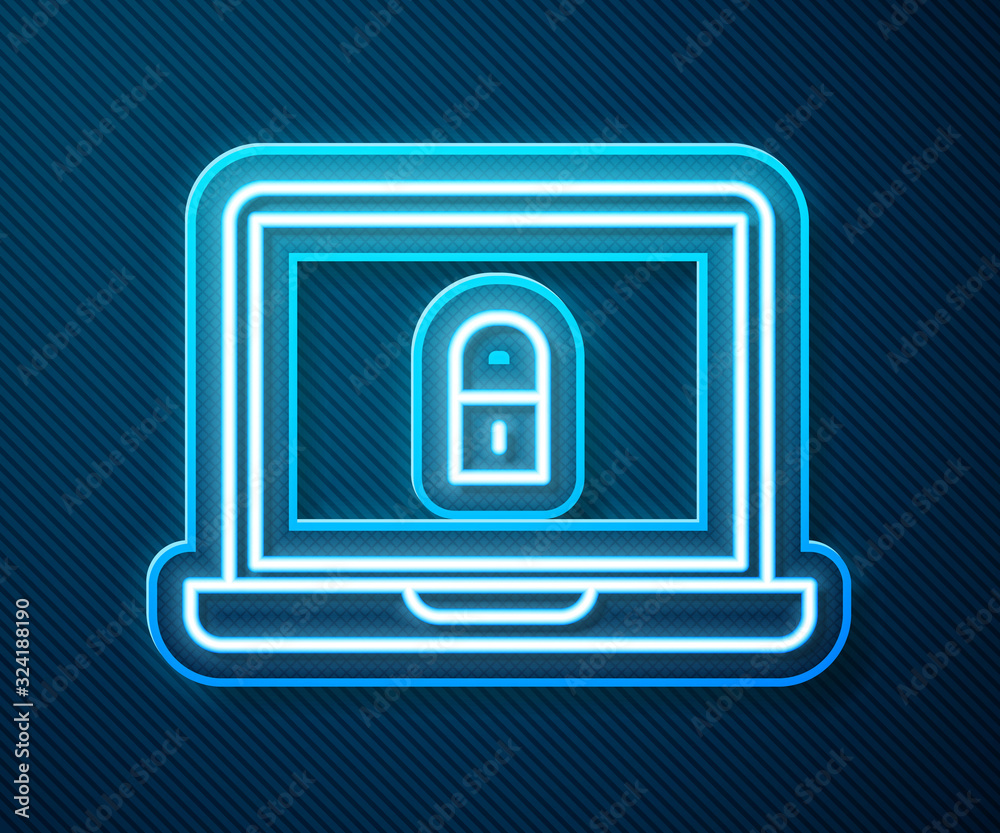 Glowing neon line Laptop and lock icon isolated on blue background. Computer and padlock. Security, 