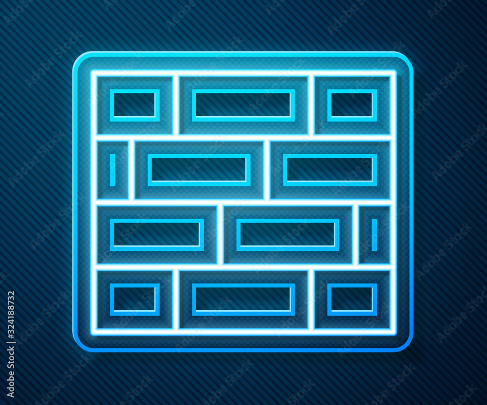 Glowing neon line Bricks icon isolated on blue background. Vector Illustration