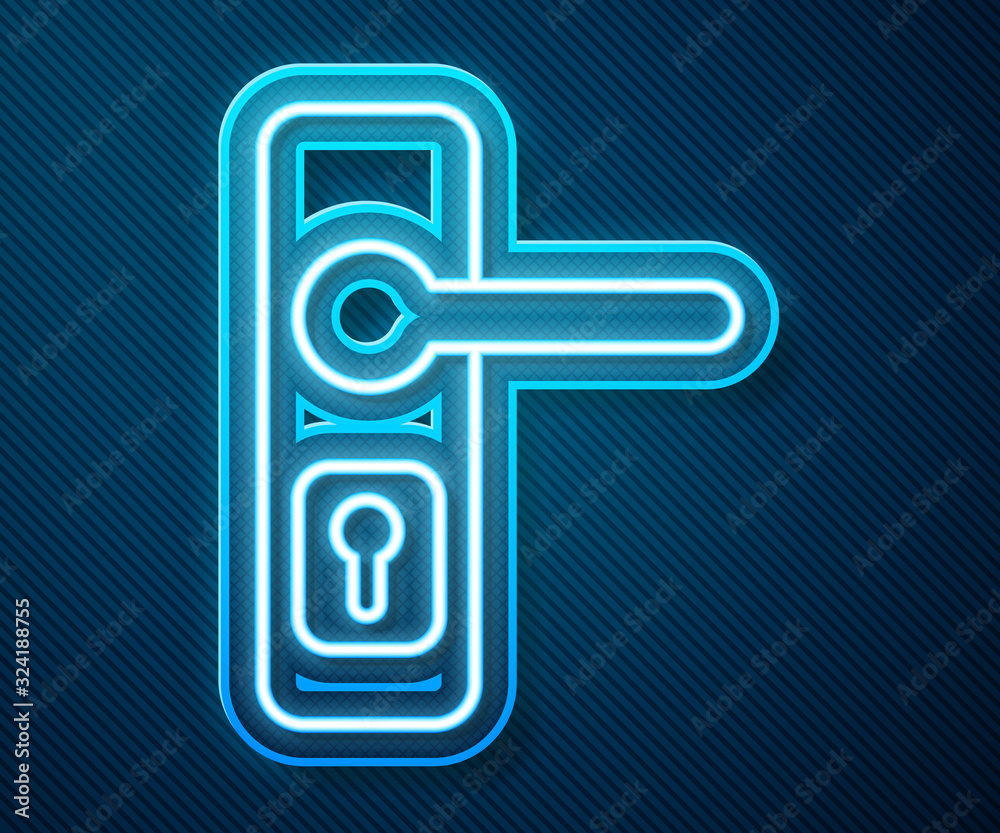 Glowing neon line Door handle icon isolated on blue background. Door lock sign. Vector Illustration