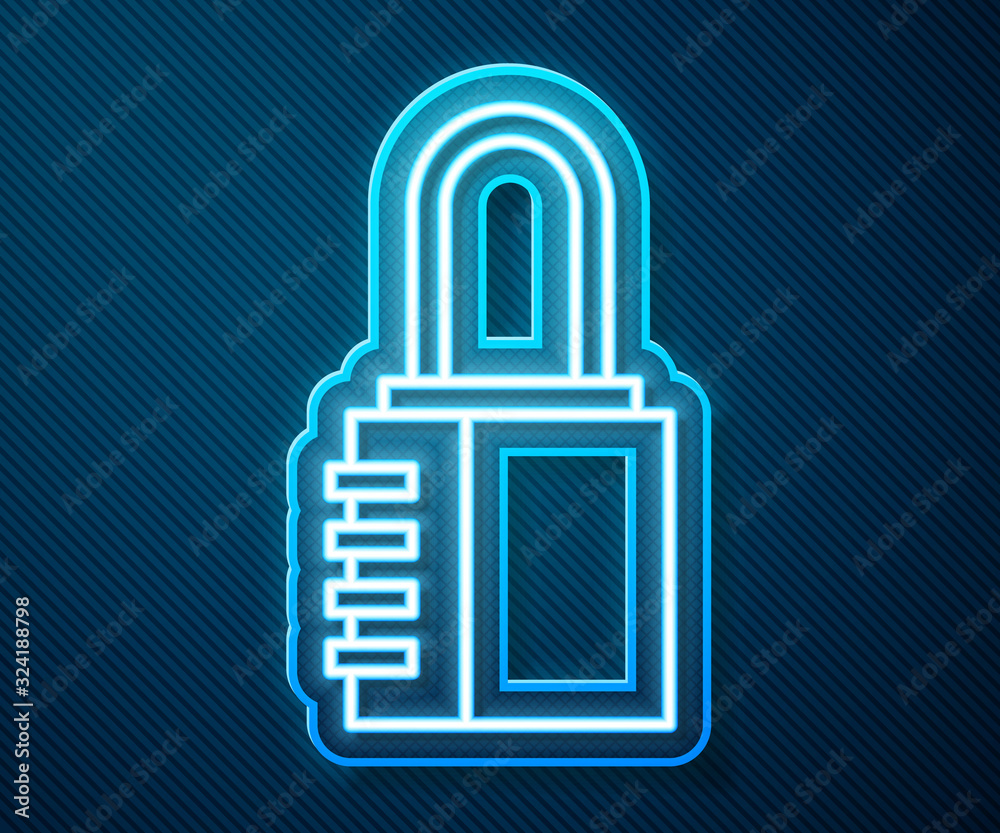 Glowing neon line Safe combination lock icon isolated on blue background. Combination padlock. Secur