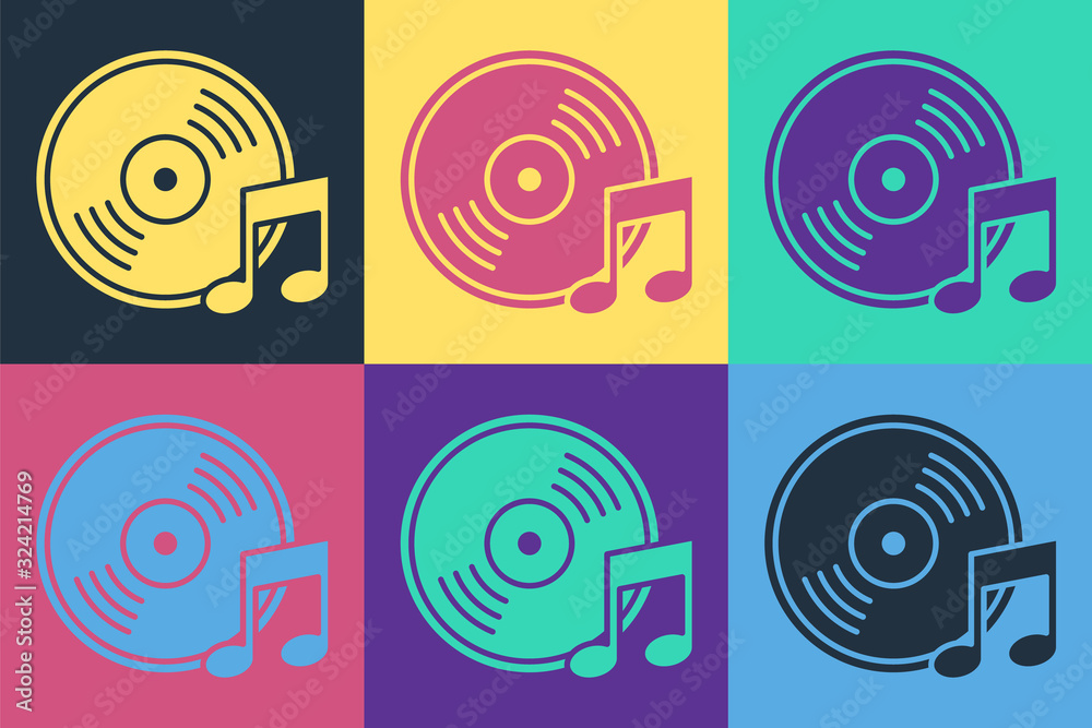 Pop art Vinyl disk icon isolated on color background. Vector Illustration