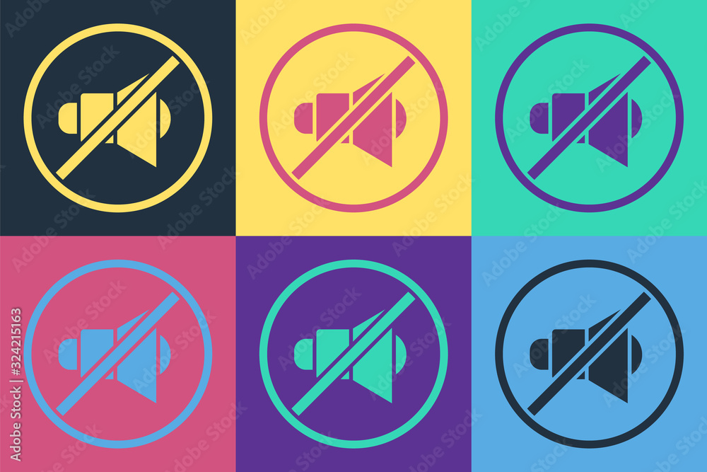 Pop art Speaker mute icon isolated on color background. No sound icon. Volume Off symbol. Vector Ill