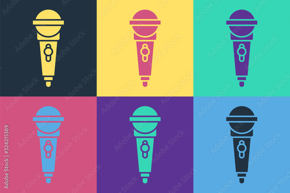 Pop art Microphone icon isolated on color background. On air radio mic microphone. Speaker sign. Vec