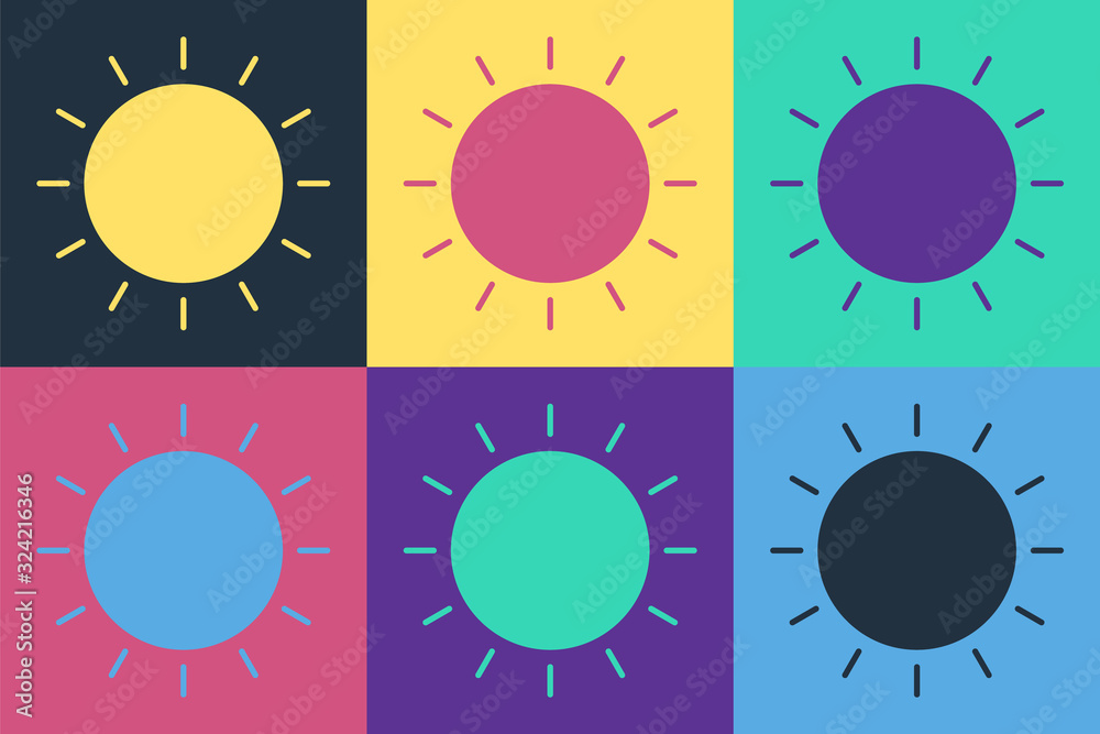 Pop art Sun icon isolated on color background. Summer symbol. Good sunny day. Vector Illustration