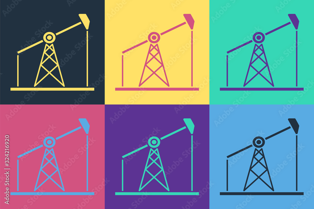 Pop art Oil pump or pump jack icon isolated on color background. Oil rig. Vector Illustration