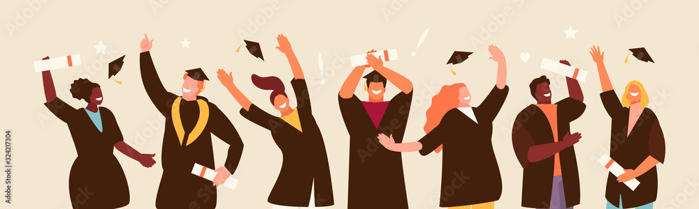 Happy jumping graduate students group. Education vector illustration