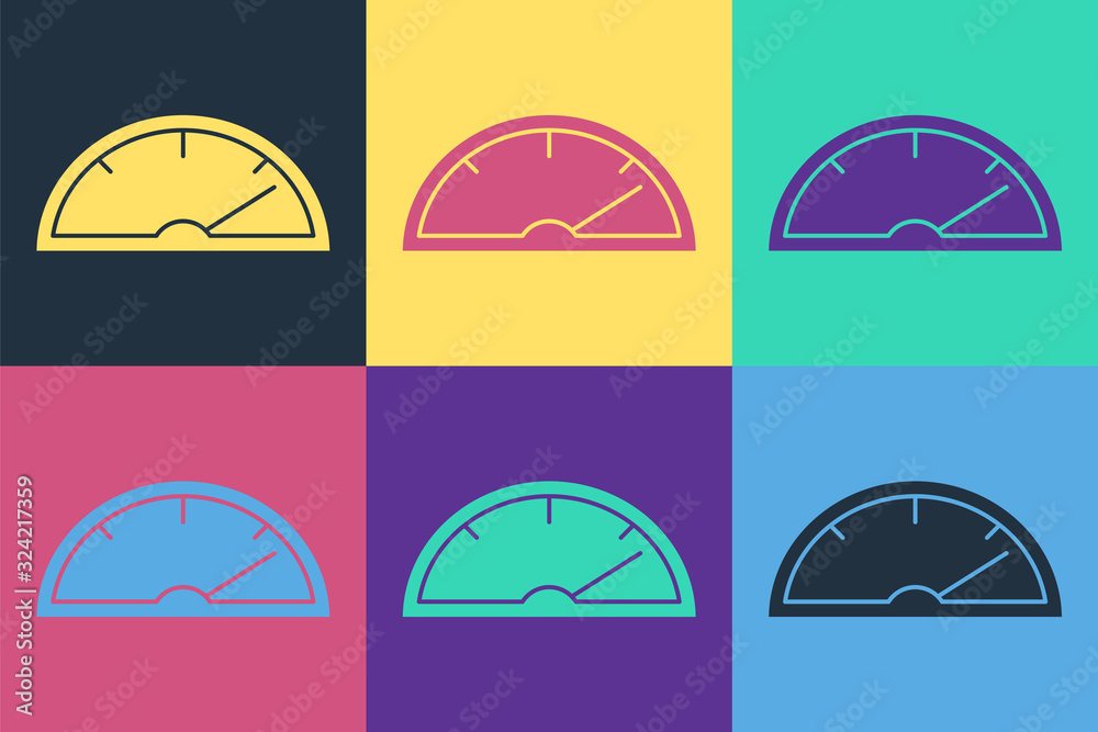 Pop art Speedometer icon isolated on color background. Vector Illustration