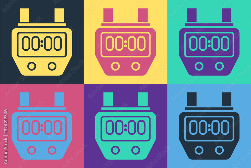 Pop art Stopwatch icon isolated on color background. Time timer sign. Chronometer sign. Vector Illus