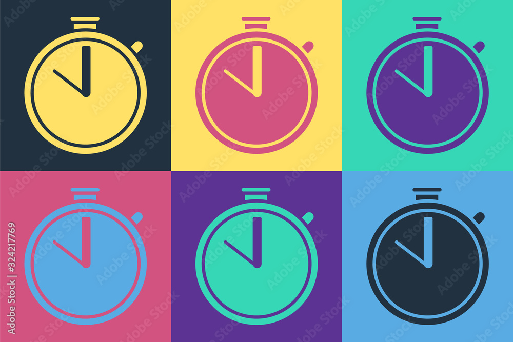 Pop art Stopwatch icon isolated on color background. Time timer sign. Chronometer sign. Vector Illus