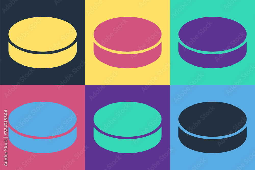 Pop art Hockey puck icon isolated on color background. Vector Illustration