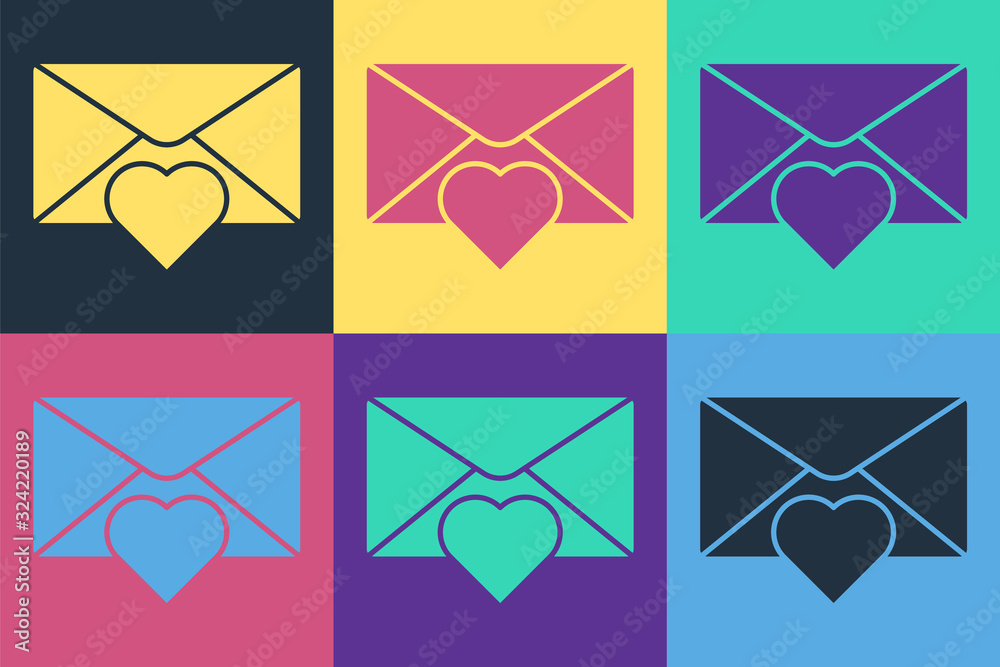 Pop art Envelope with Valentine heart icon isolated on color background. Message love. Letter love a