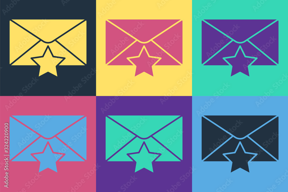 Pop art Envelope with star icon isolated on color background. Important email, add to favourite icon