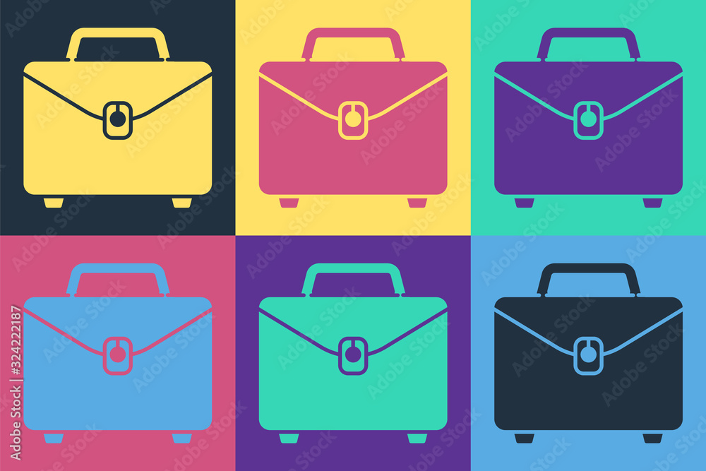 Pop art Briefcase icon isolated on color background. Business case sign. Business portfolio. Vector 