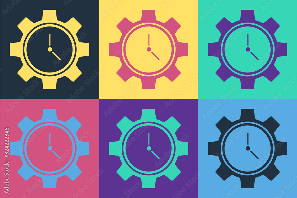 Pop art Time Management icon isolated on color background. Clock and gear sign. Productivity symbol.