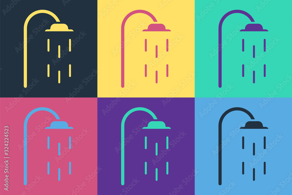 Pop art Shower head with water drops flowing icon isolated on color background. Vector Illustration