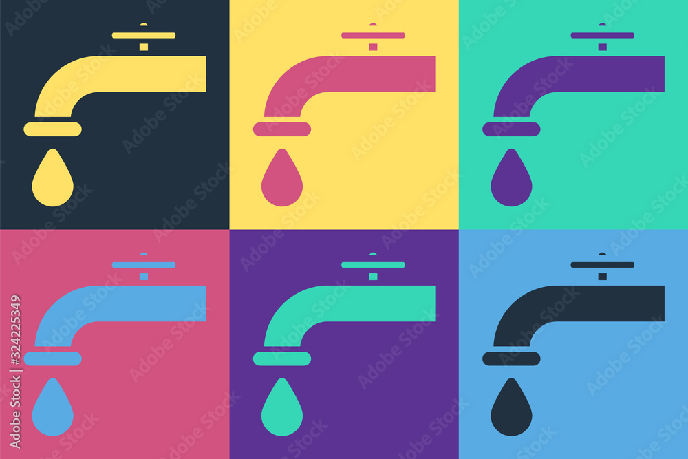 Pop art Water tap with a falling water drop icon isolated on color background. Vector Illustration