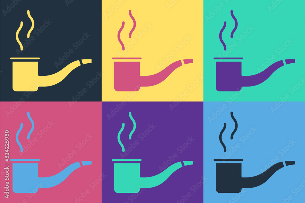 Pop art Smoking pipe with smoke icon isolated on color background. Tobacco pipe. Vector Illustration