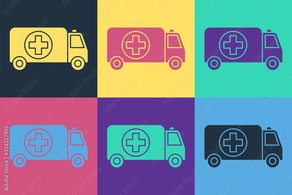 Pop art Ambulance and emergency car icon isolated on color background. Ambulance vehicle medical eva