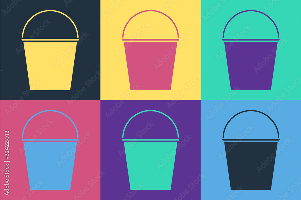 Pop art Fire bucket icon isolated on color background. Metal bucket empty or with water for fire fig