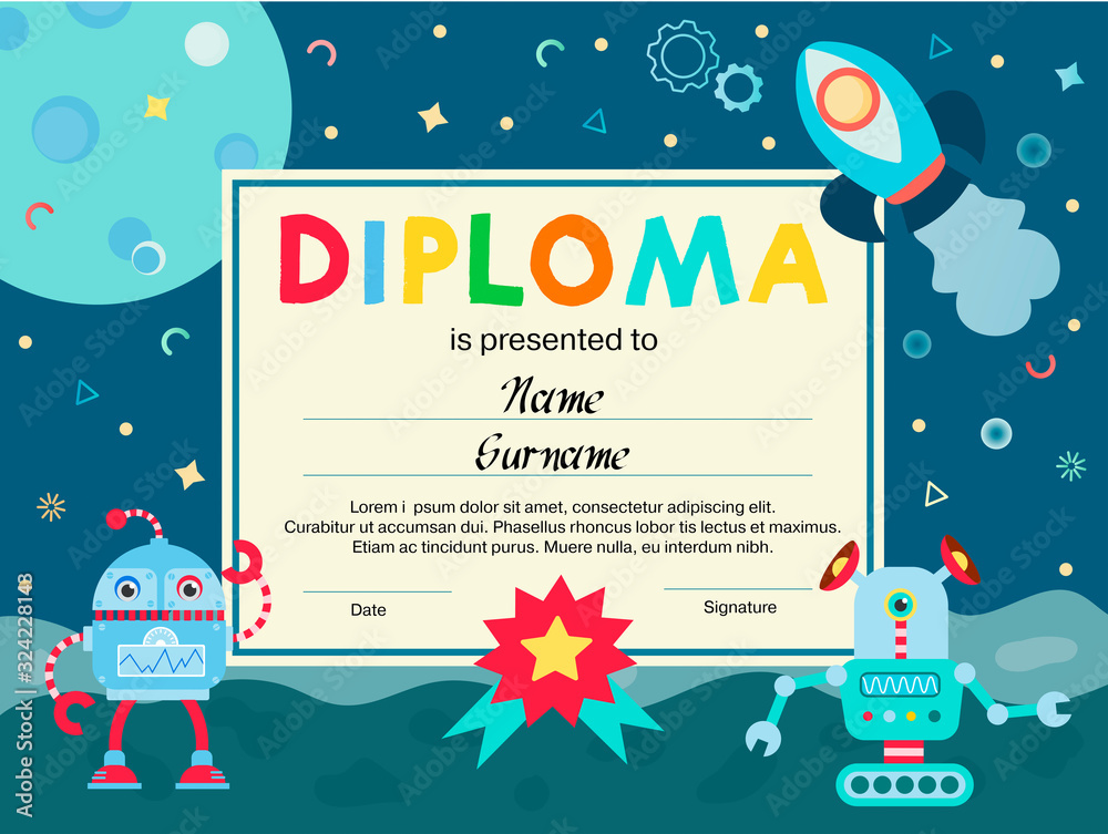 Space Life Robots Diploma Сertificate Vector Illustration