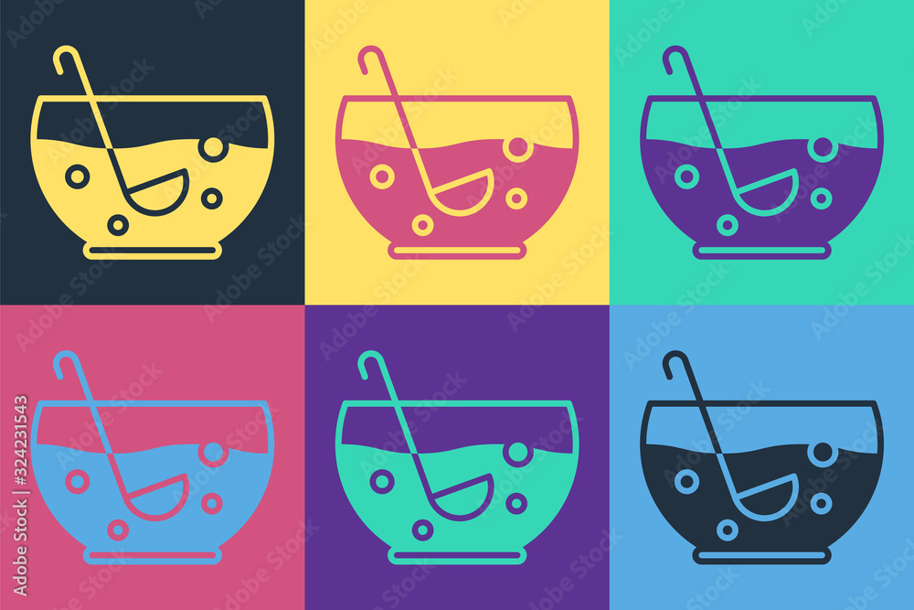 Pop art Mixed punch with fresh fruits in bowl icon isolated on color background. Vector Illustration