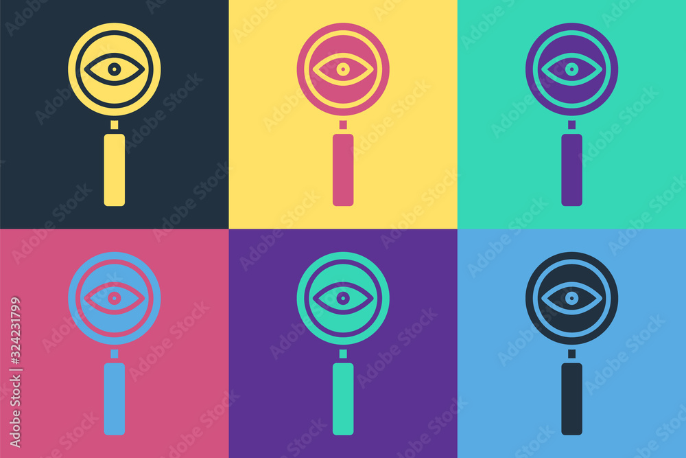 Pop art Magnifying glass icon isolated on color background. Search, focus, zoom, business symbol. Ve