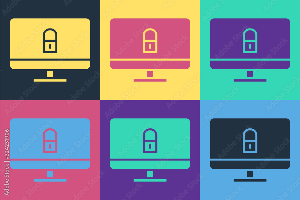 Pop art Lock on computer monitor screen icon isolated on color background. Security, safety, protect