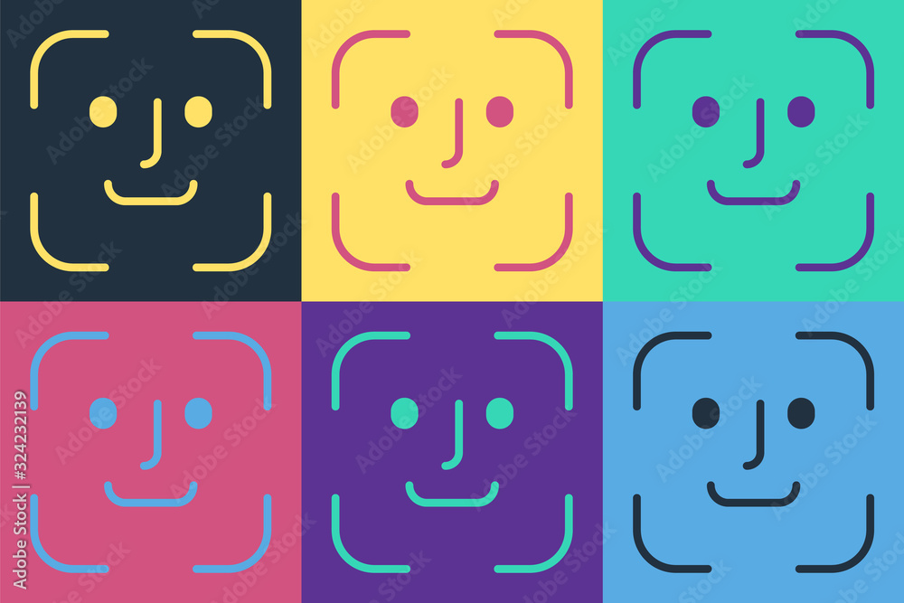 Pop art Face recognition icon isolated on color background. Face identification scanner icon. Facial