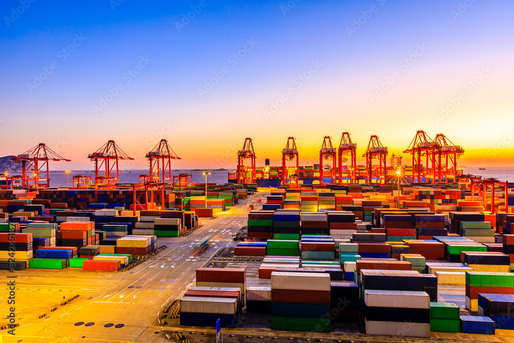 Industrial port container freight terminal at beautiful sunset in Shanghai,China.