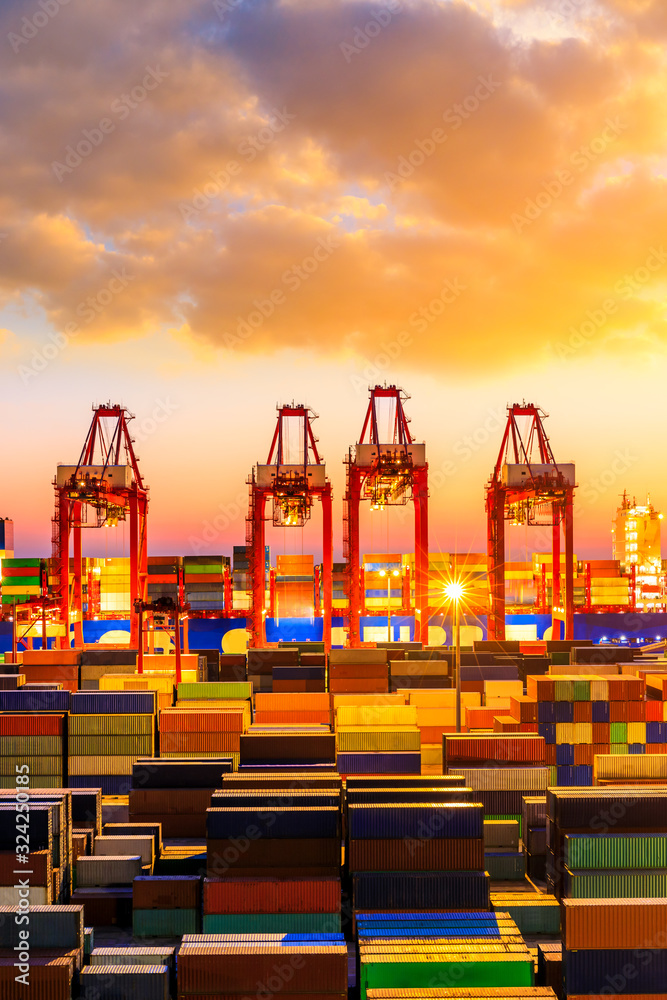 Industrial port container freight terminal at beautiful sunset in Shanghai,China.