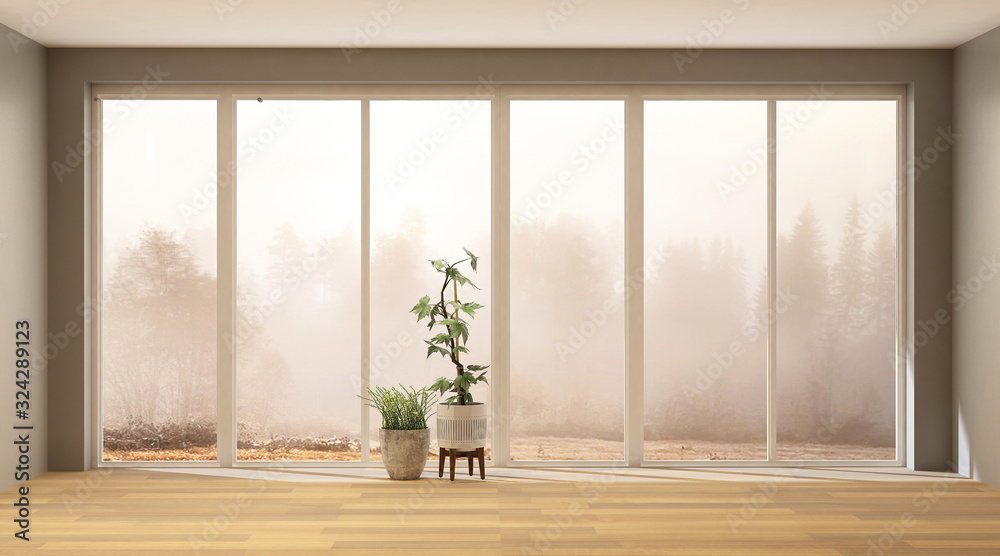 Two flowers in empty room with big window and fog forest view