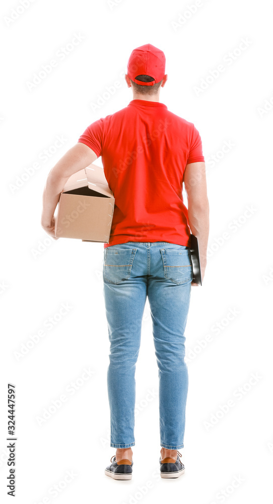 Delivery man with box on white background, back view